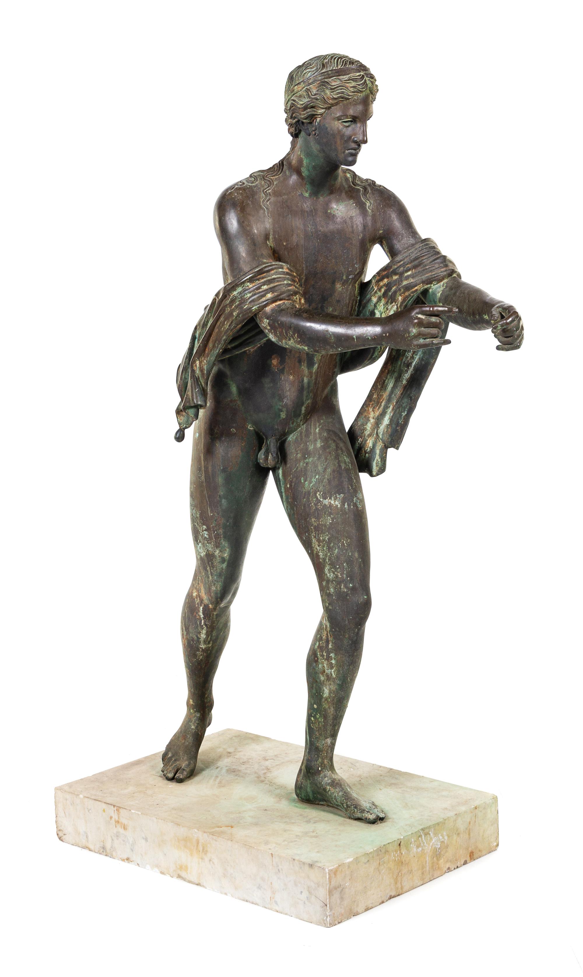 A Large Bronze Figure of Apollo as an Archer Height 59 inches. — AFTER THE POMPEIIAN ANTIQUE, LATE 19TH/EARLY 20TH CENTURY