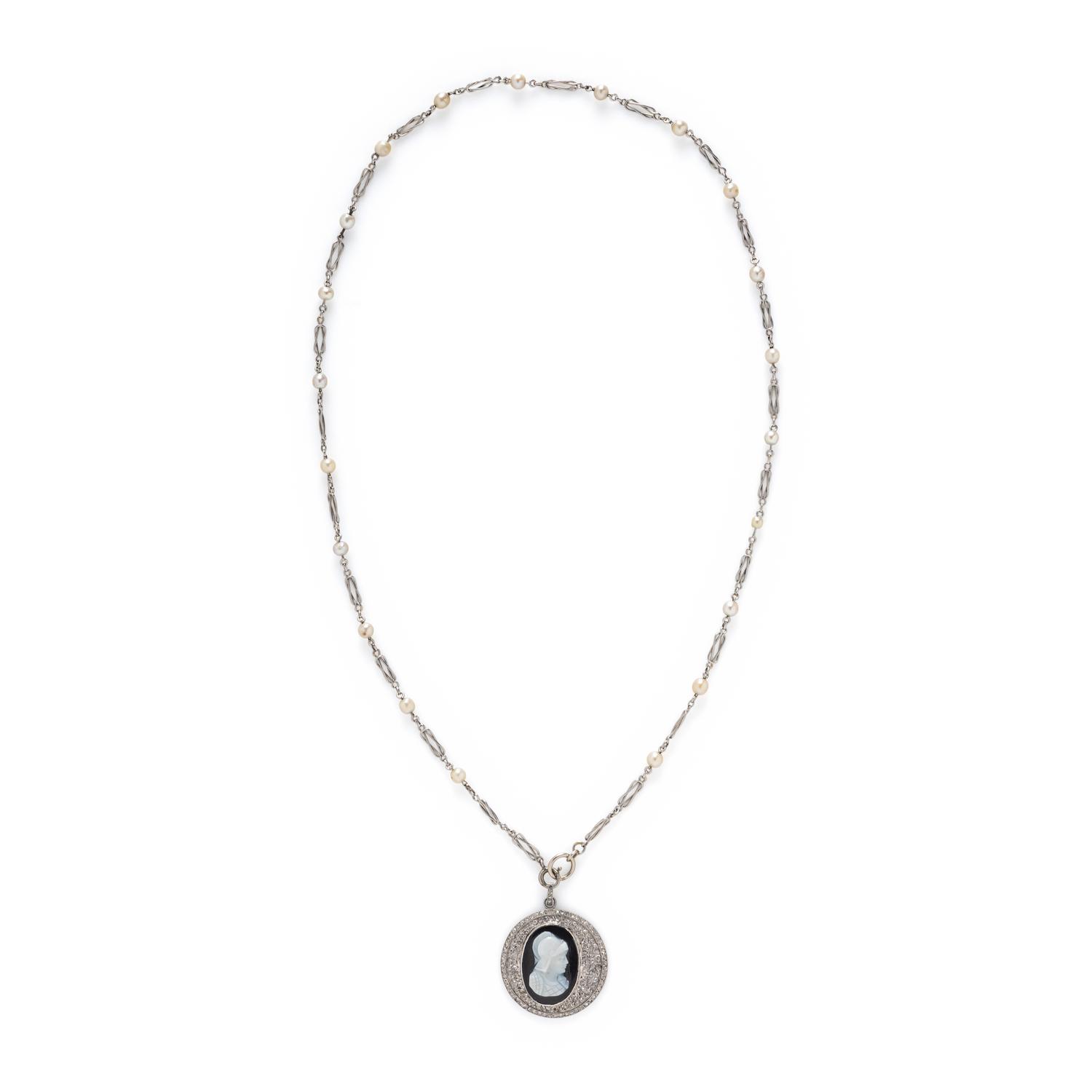 CAMEO, DIAMOND, AND SEED PEARL PENDANT NECKLACE