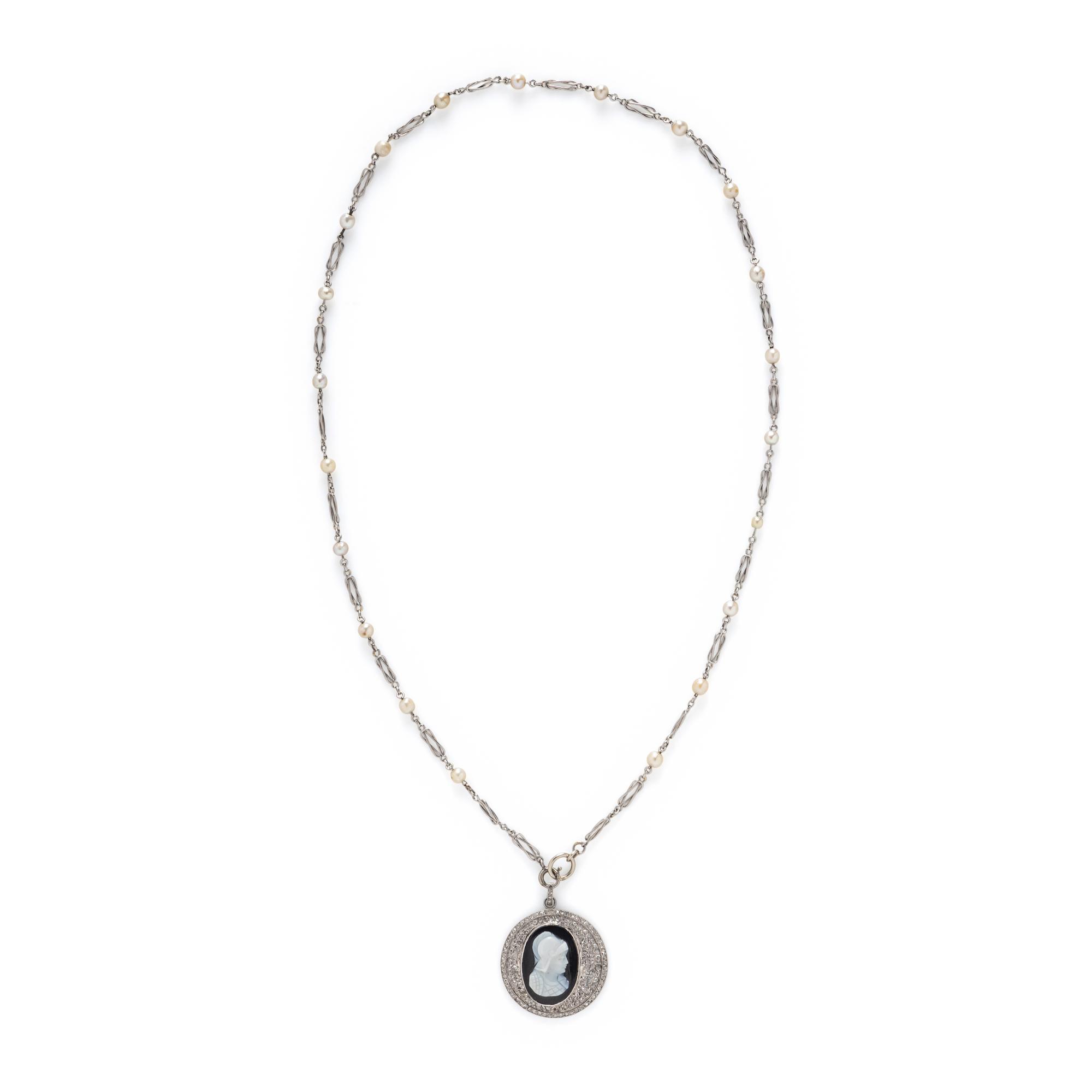 CAMEO, DIAMOND, AND SEED PEARL PENDANT NECKLACE
