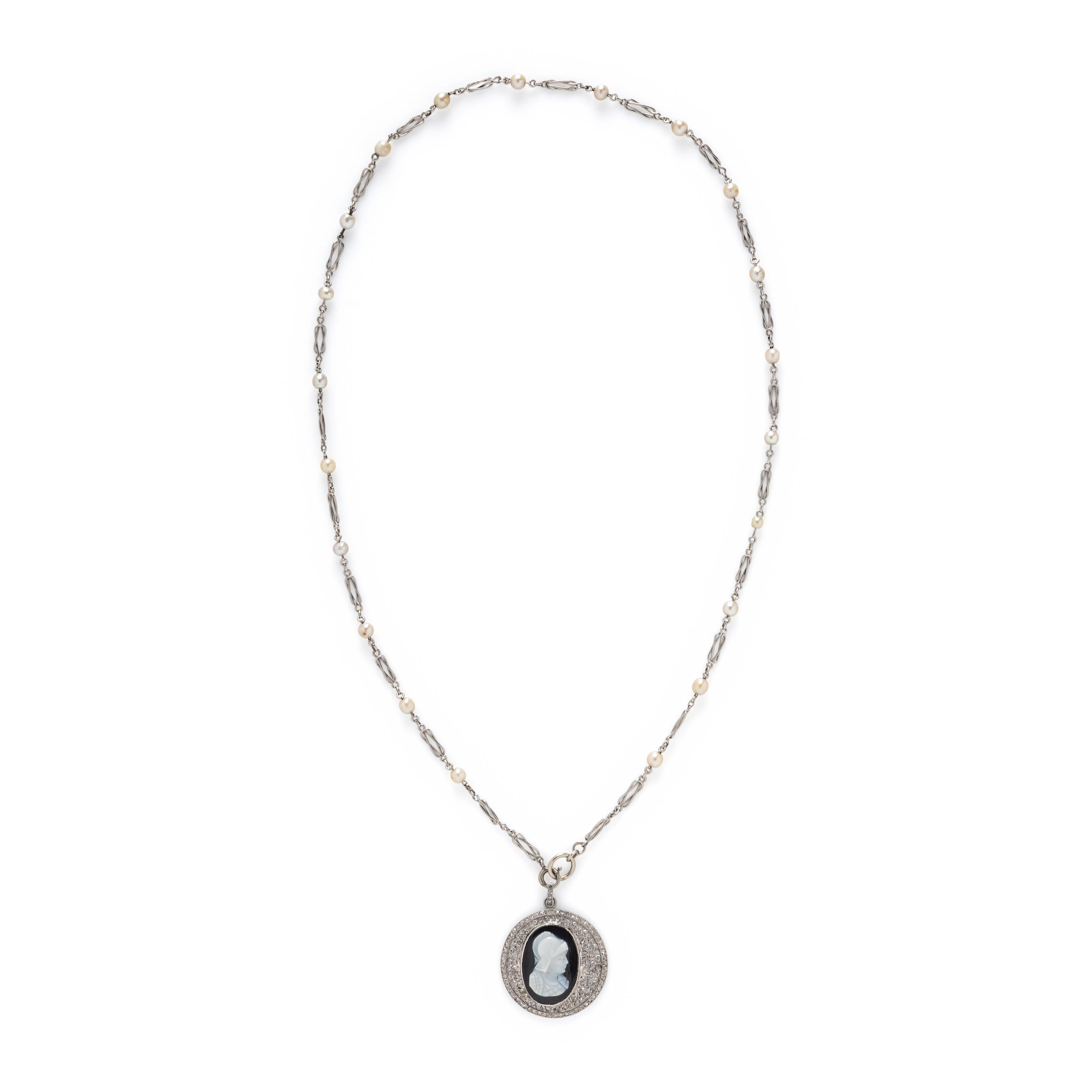 CAMEO, DIAMOND, AND SEED PEARL PENDANT NECKLACE