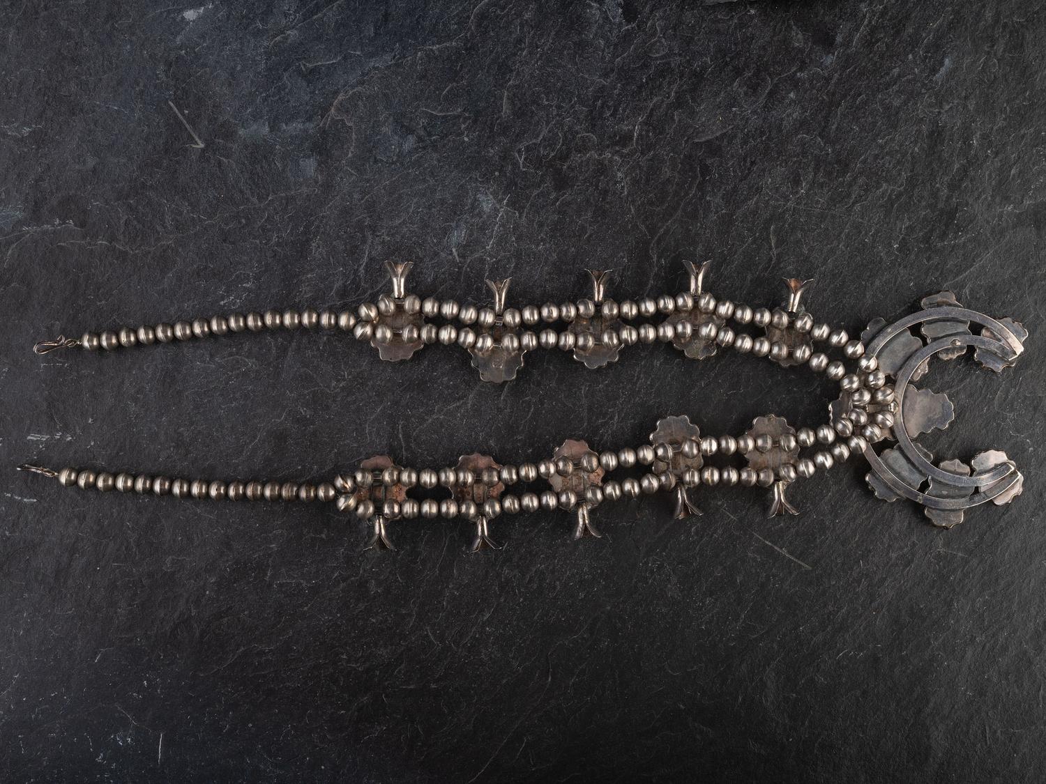 Navajo Silver and Turquoise Squash Blossom Necklace