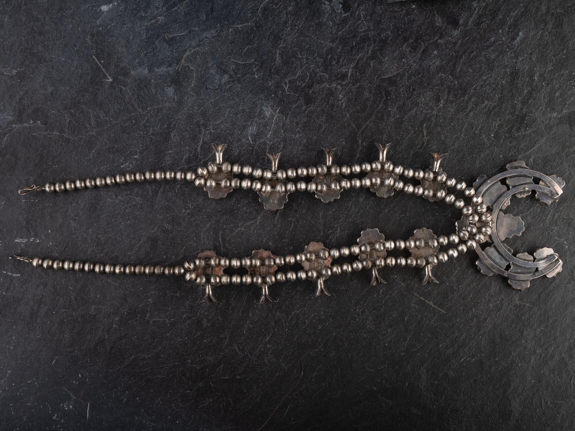 Navajo Silver and Turquoise Squash Blossom Necklace
