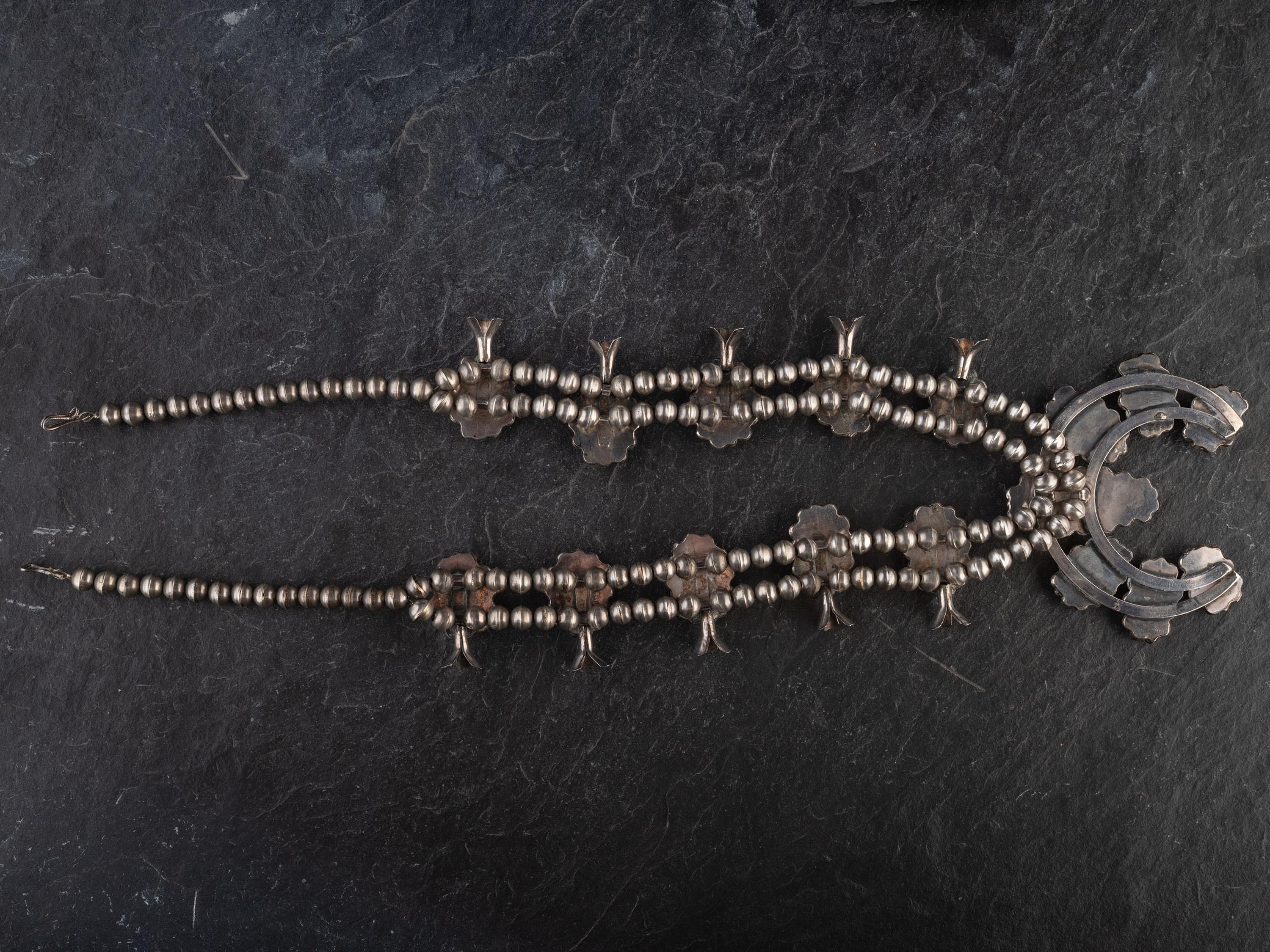 Navajo Silver and Turquoise Squash Blossom Necklace