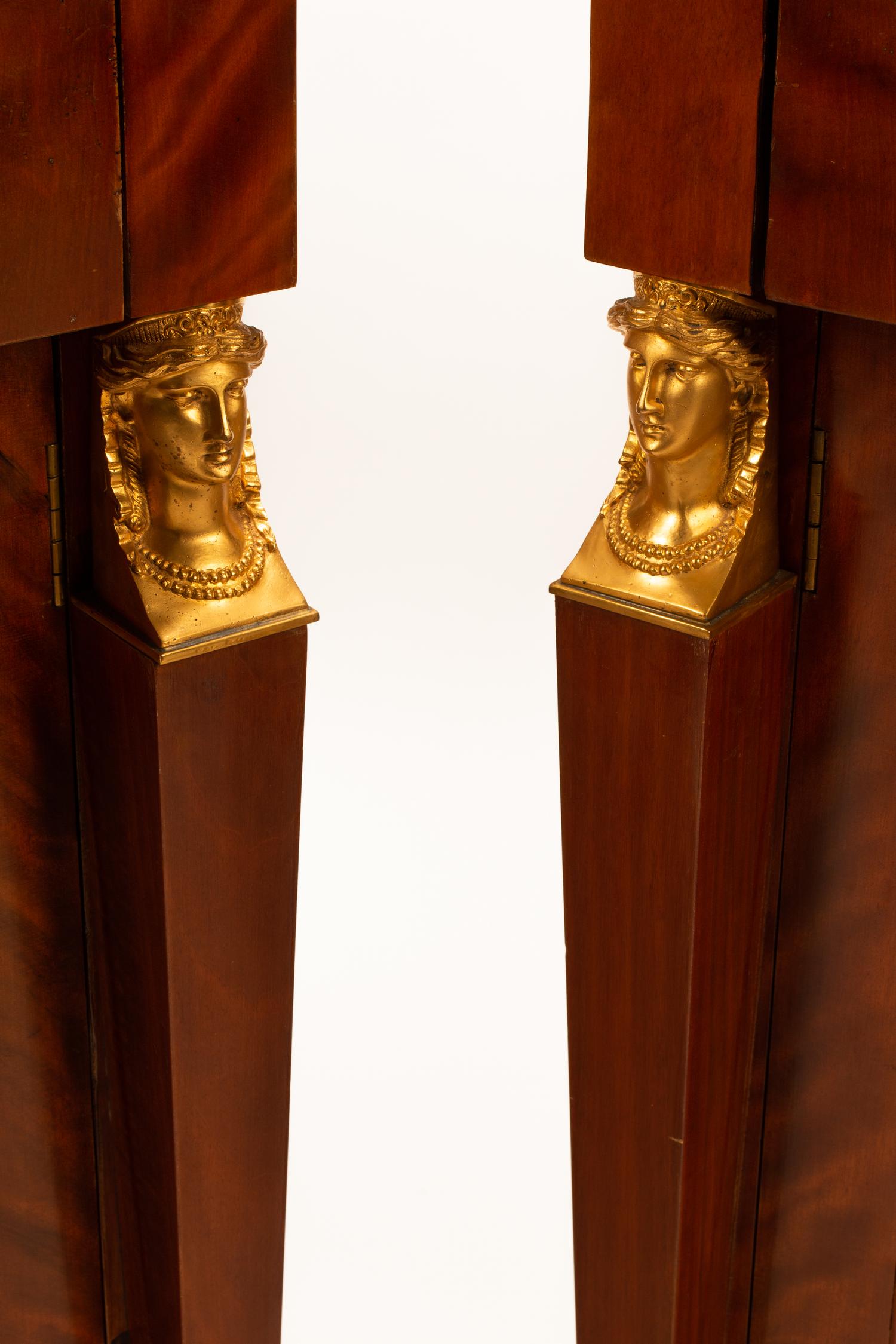 A Pair of Empire Style Gilt Bronze Mounted Cabinets with Specimen Marble Tops