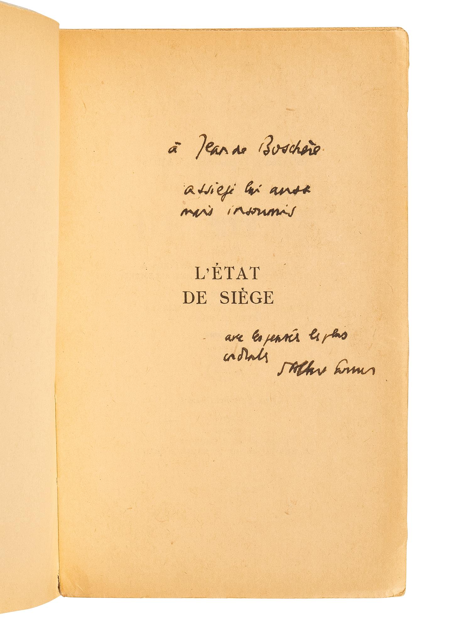 CAMUS, Albert (1913-1960). Two PRESENTATION COPIES inscribed to Belgian writer and painter Jean de Bosschère, comprising: