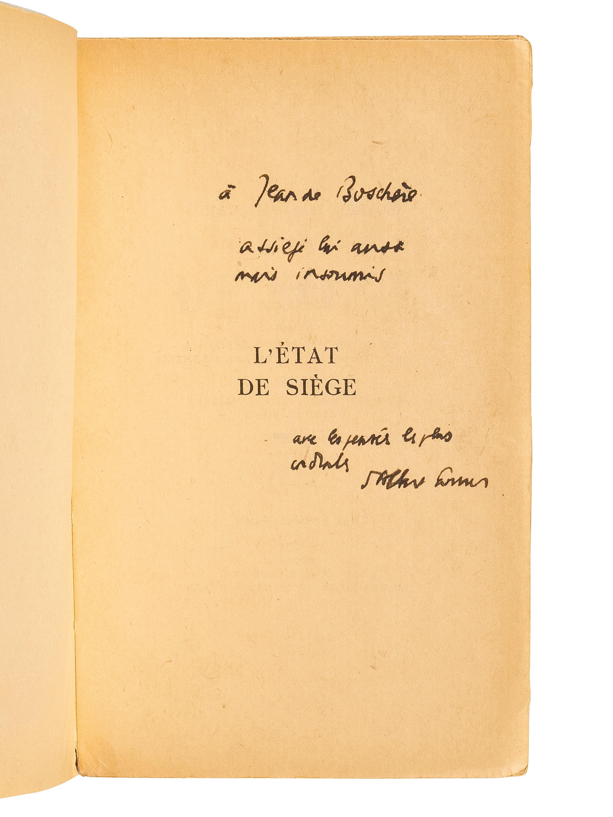 CAMUS, Albert (1913-1960). Two PRESENTATION COPIES inscribed to Belgian writer and painter Jean de Bosschère, comprising:
