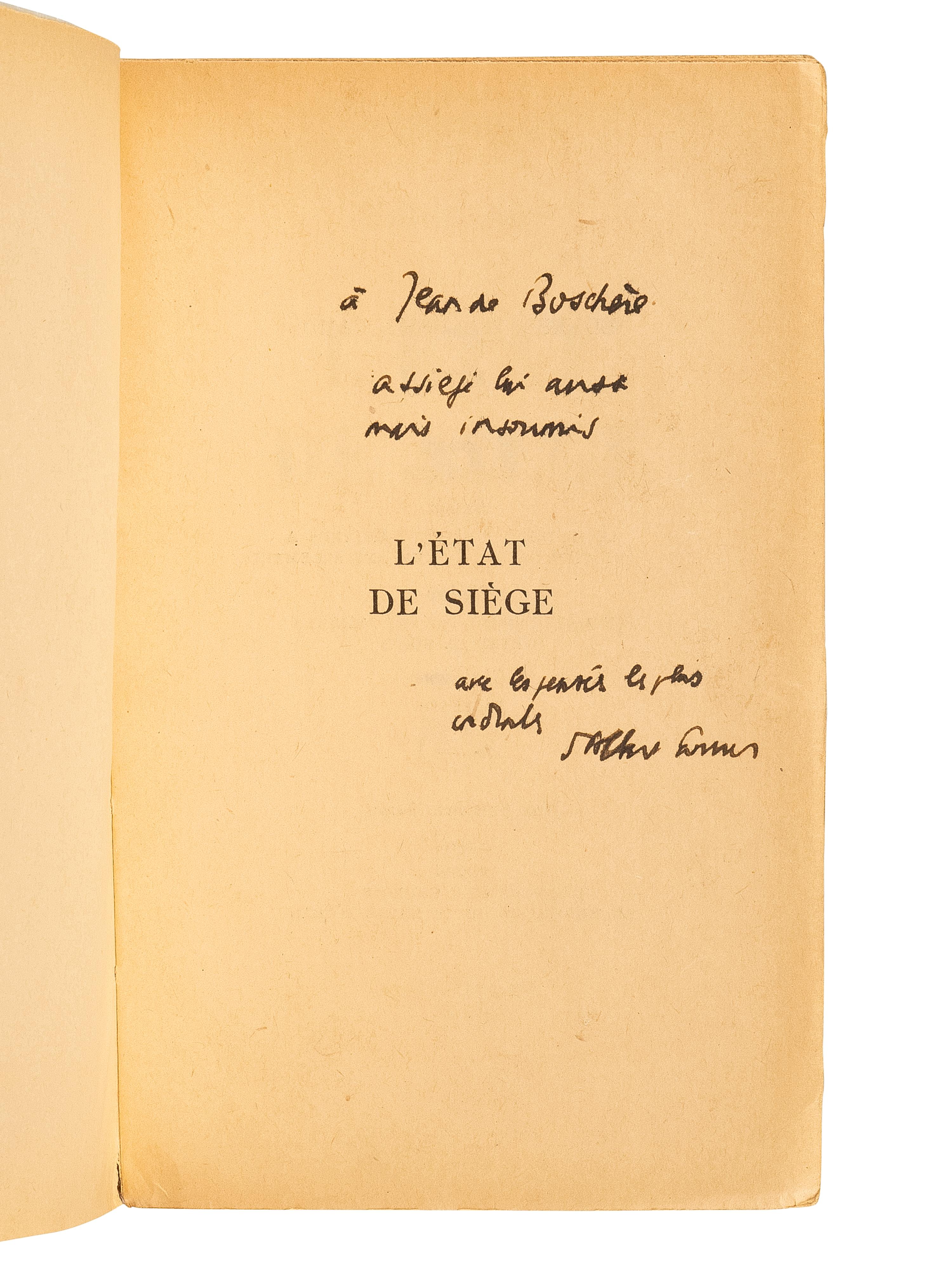 CAMUS, Albert (1913-1960). Two PRESENTATION COPIES inscribed to Belgian writer and painter Jean de Bosschère, comprising: