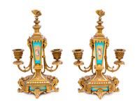 A Pair of French Porcelain Mounted Gilt Bronze Two-Light Candelabra