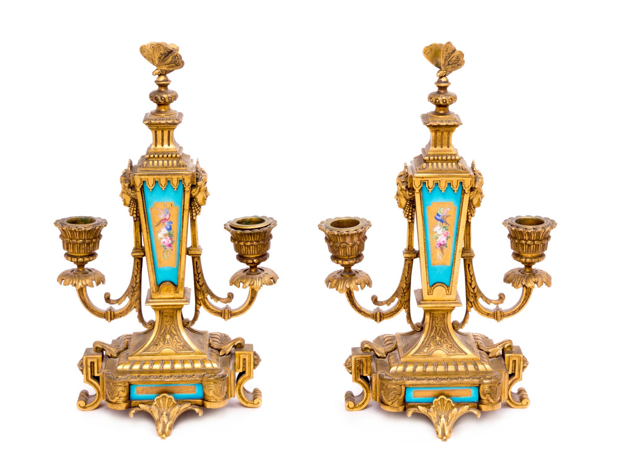 A Pair of French Porcelain Mounted Gilt Bronze Two-Light Candelabra