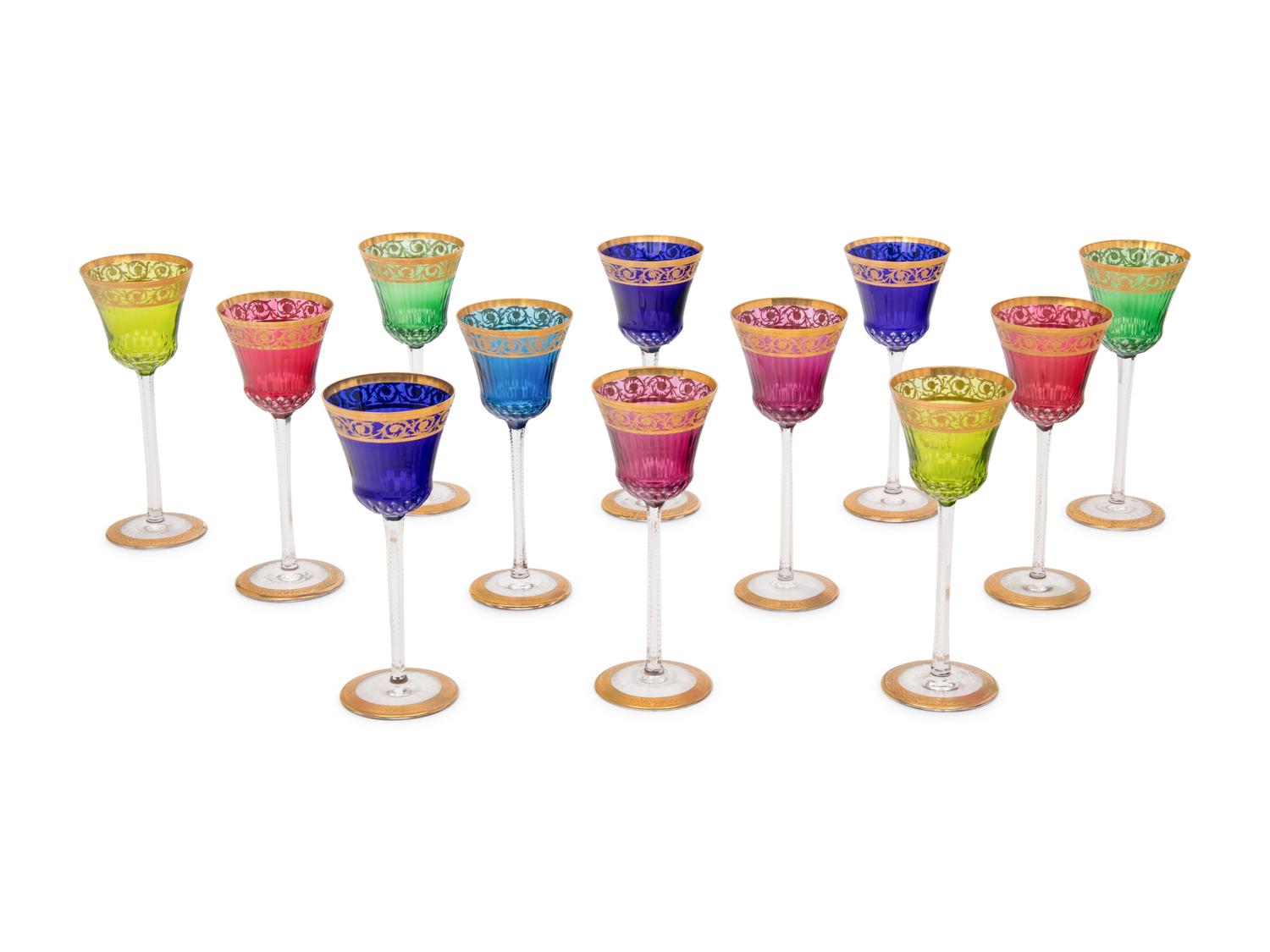 A Set of Twelve Saint Louis Multicolor Glass Wine Stems