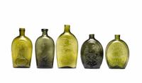 Five Molded Glass Olive Green Flasks