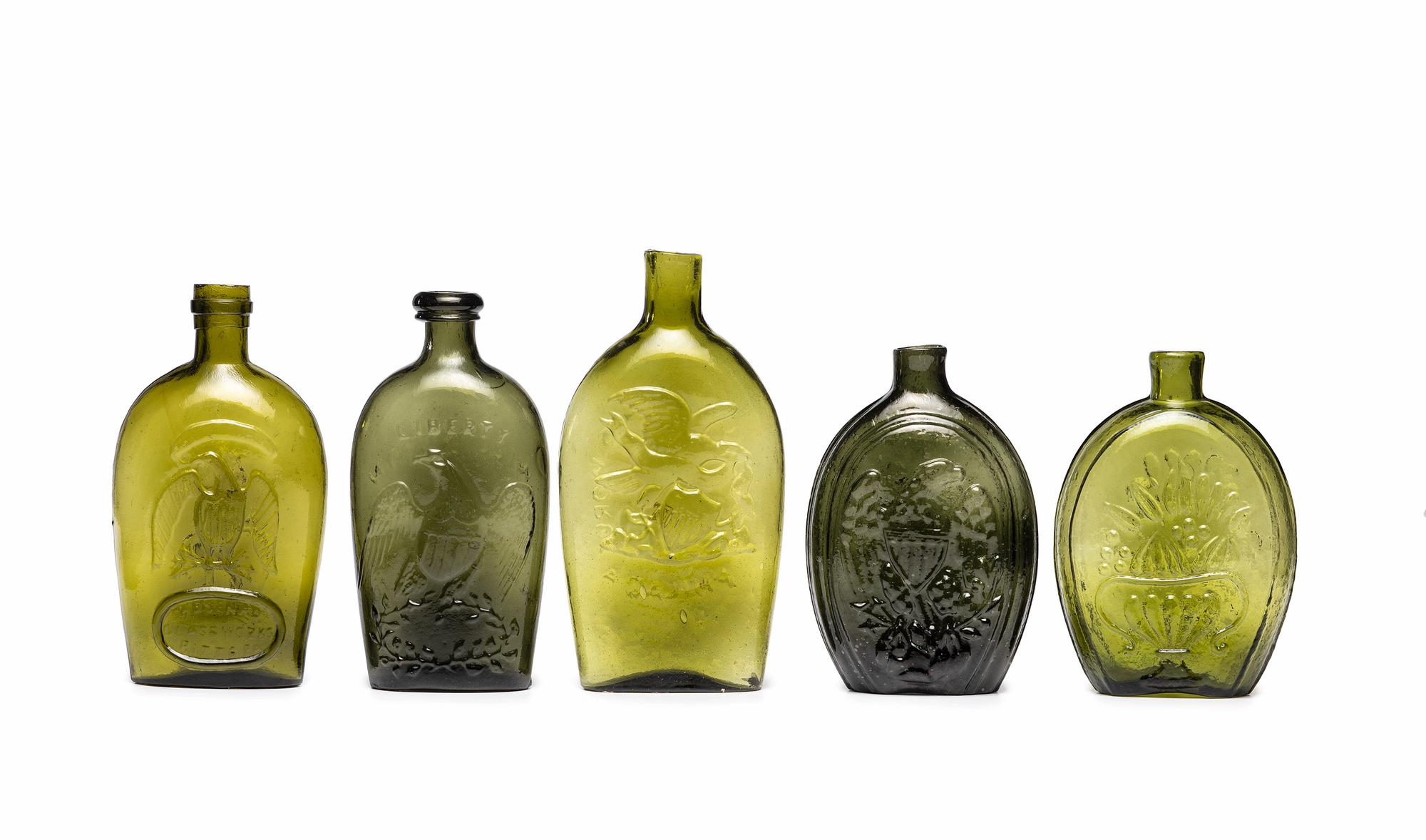 Five Molded Glass Olive Green Flasks