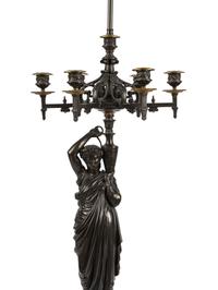 A Pair of Continental Bronze Figural Seven-Light Candelabra Mounted as Lamps
