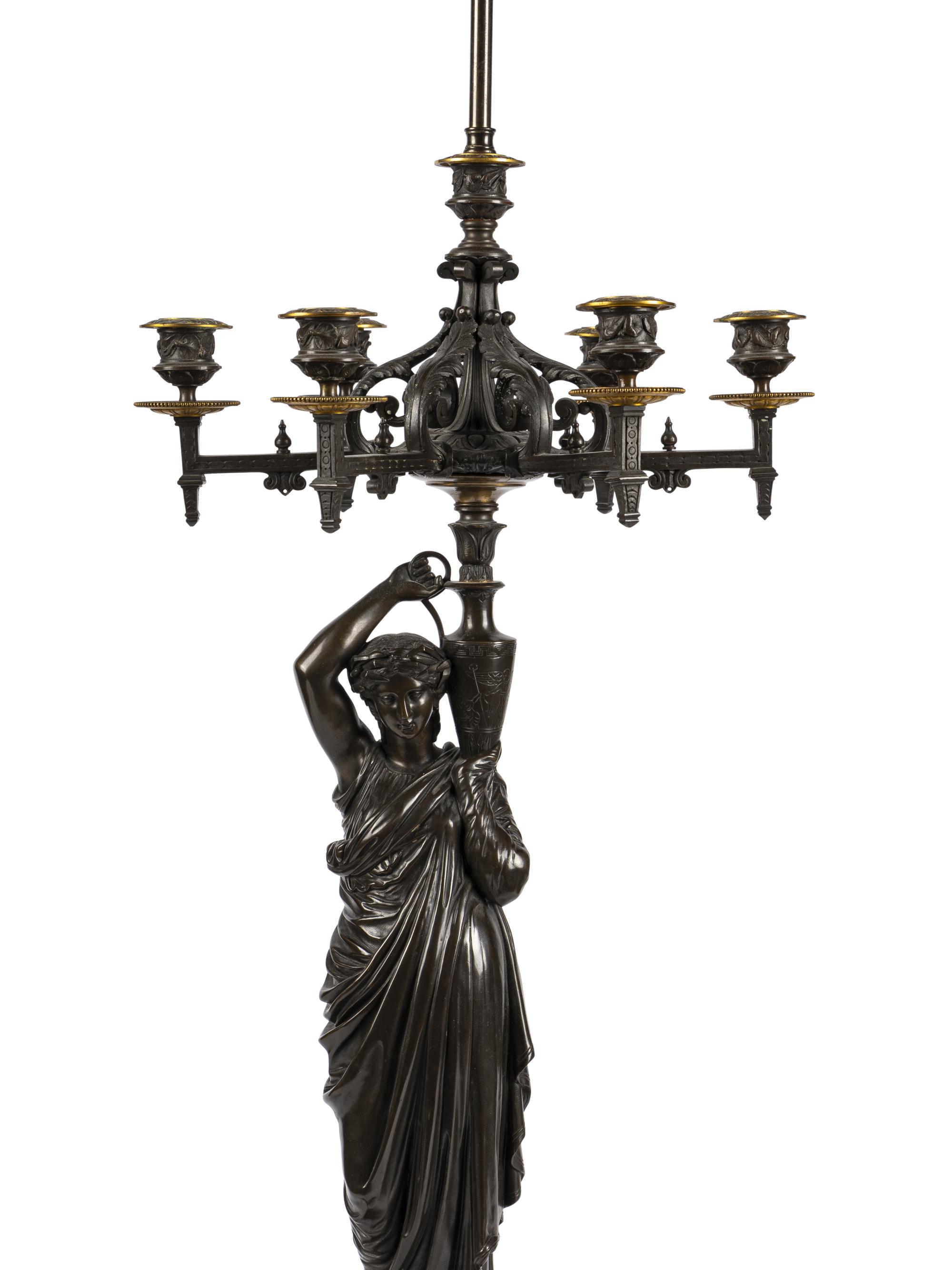 A Pair of Continental Bronze Figural Seven-Light Candelabra Mounted as Lamps