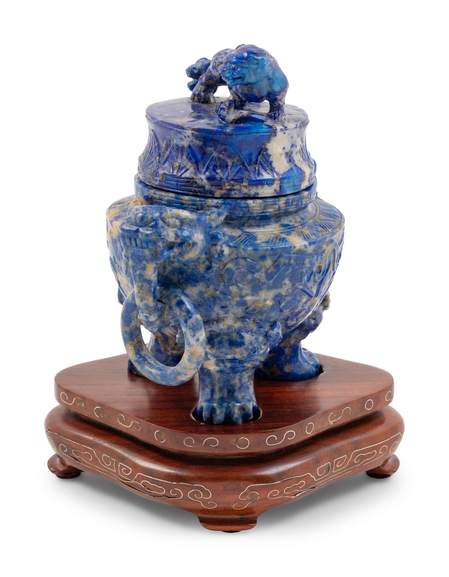A Chinese Lapiz Lazuli Tripod Incense Burner