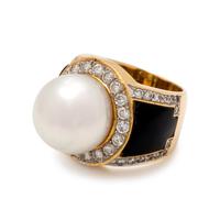 CULTURED SOUTH SEA PEARL, DIAMOND AND ONYX RING
