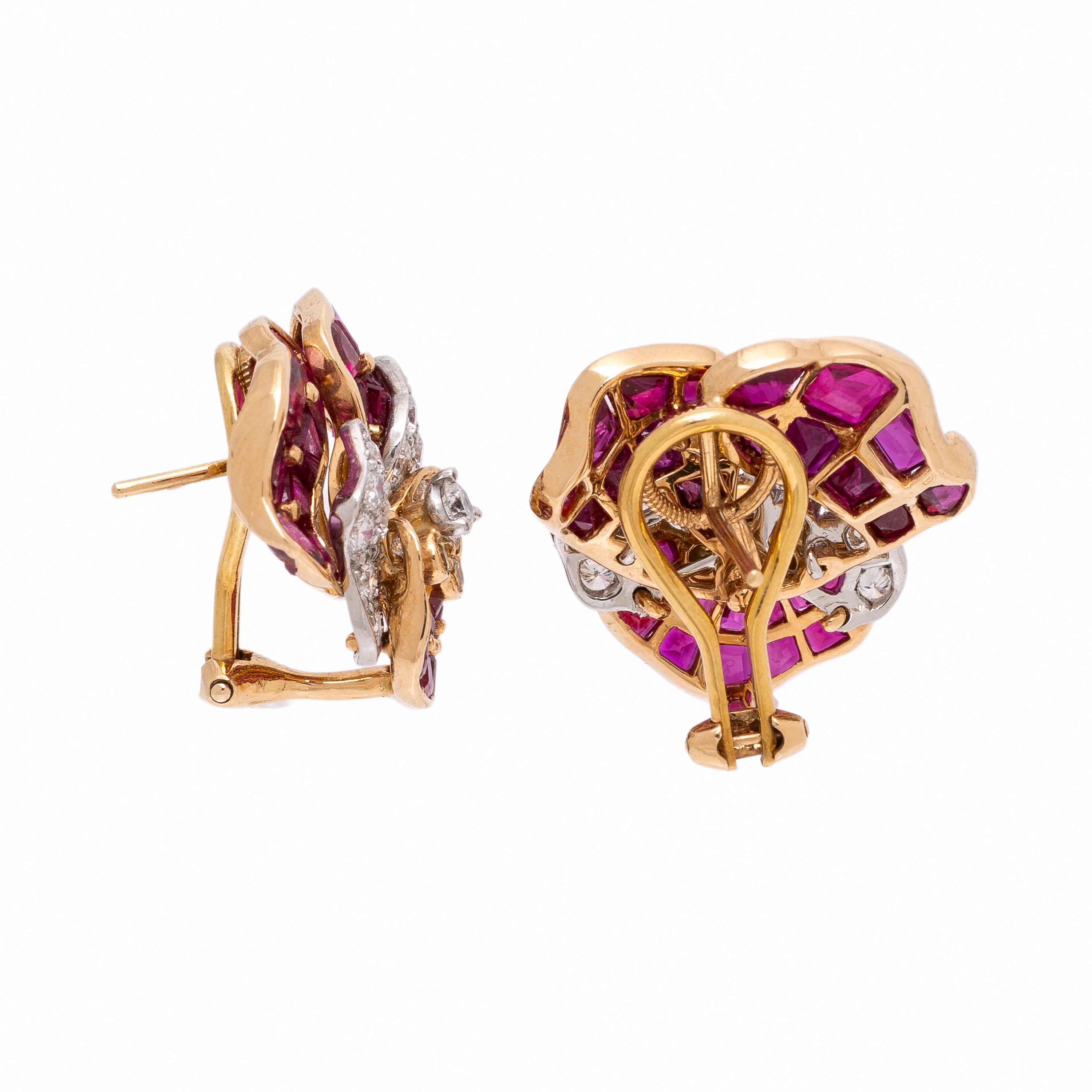 Oscar Heyman, Ruby, Diamond, and Colored Diamond Pansy Earrings
