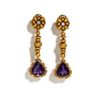 AMETHYST, DIAMOND, AND YELLOW GOLD PENDANT DROP EARRINGS