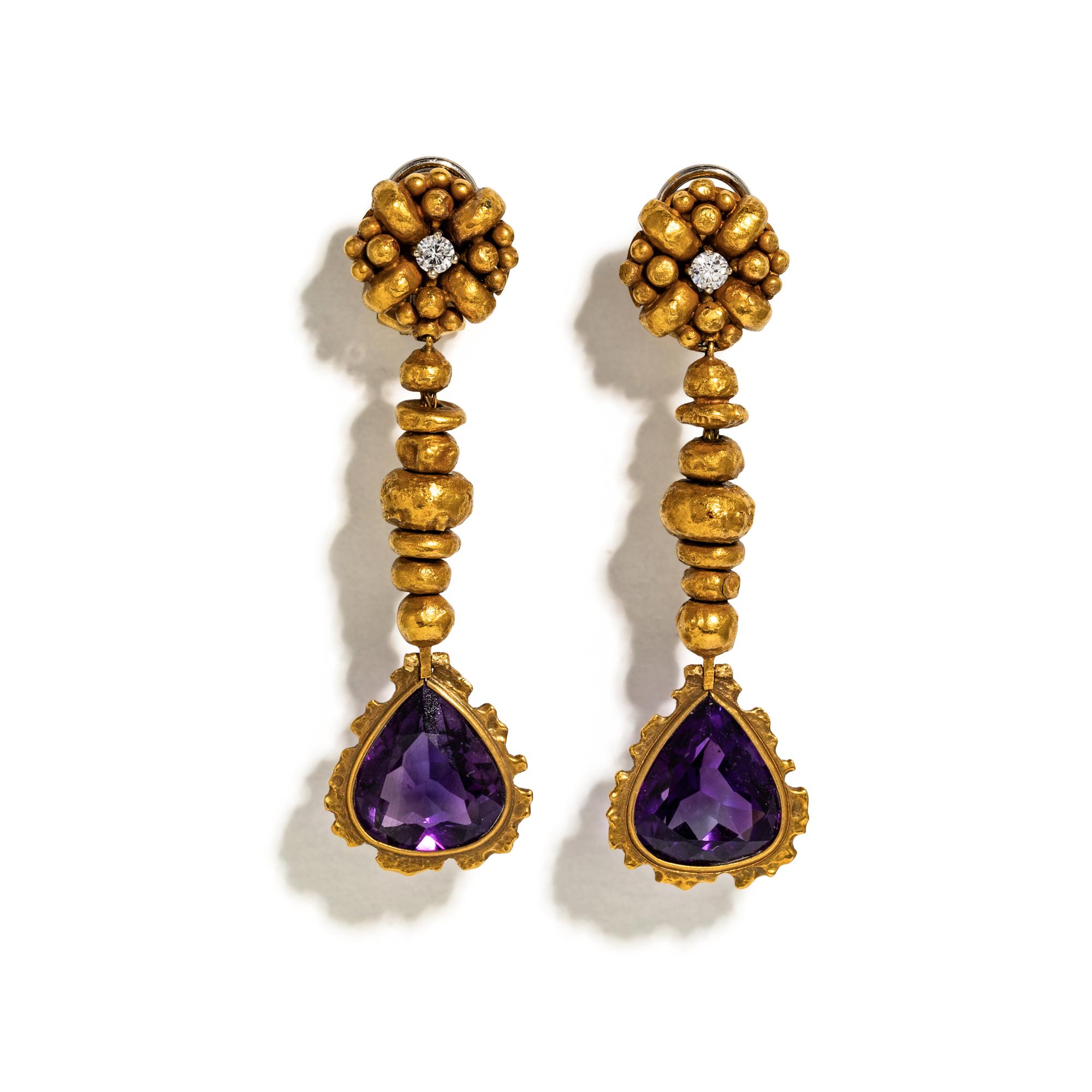 AMETHYST, DIAMOND, AND YELLOW GOLD PENDANT DROP EARRINGS