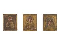 Nine Russian Brass Oklad Mounted Miniature Icons of Saints