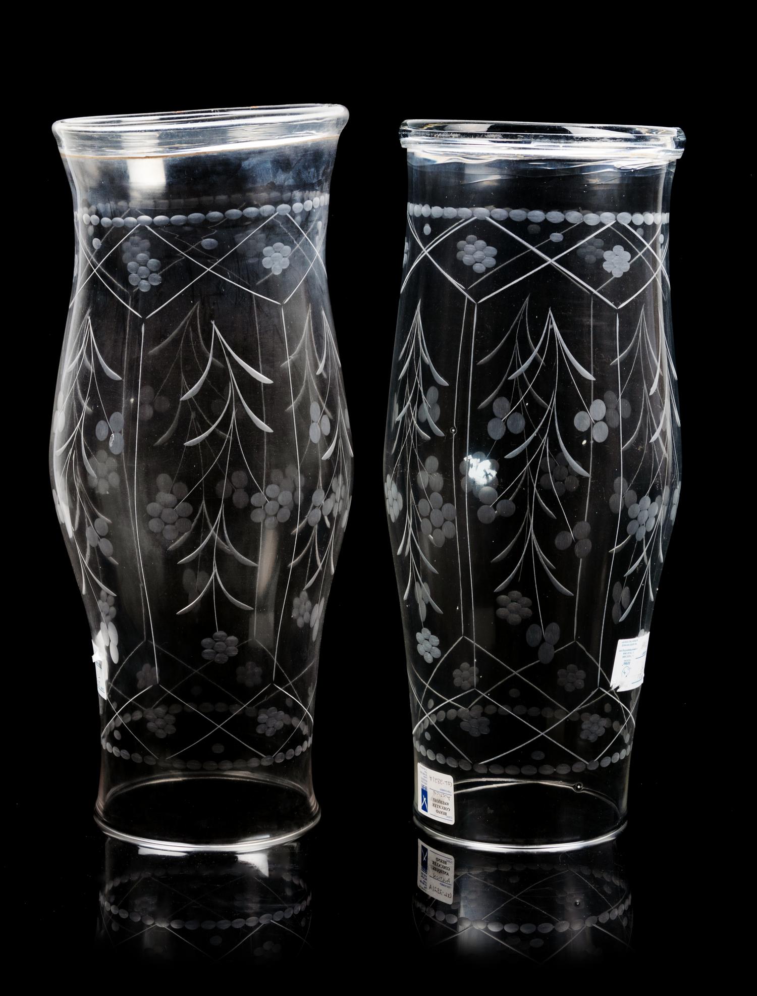 A Pair of Etched Glass Hurricane Candles