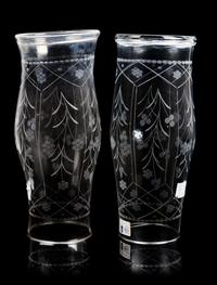 A Pair of Etched Glass Hurricane Candles
