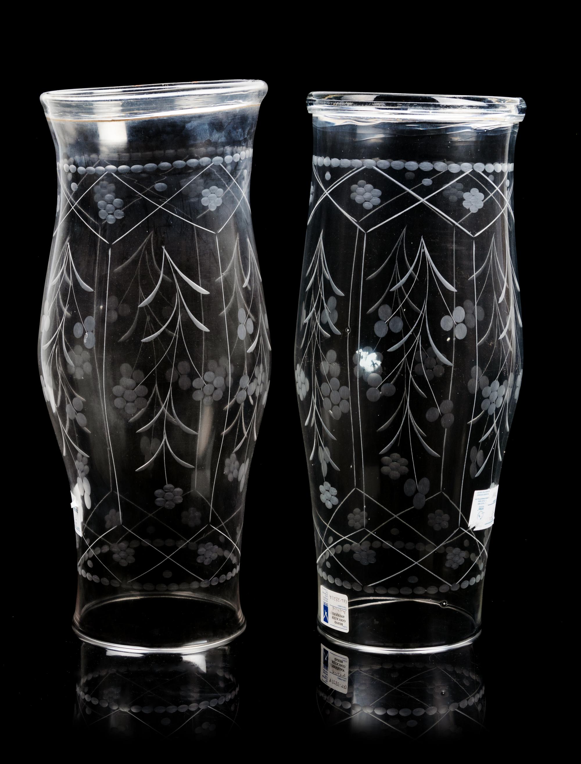 A Pair of Etched Glass Hurricane Candles