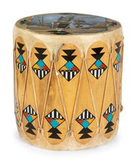 Painted Wood Drum, Crow Mother and Whipper Katsinas
