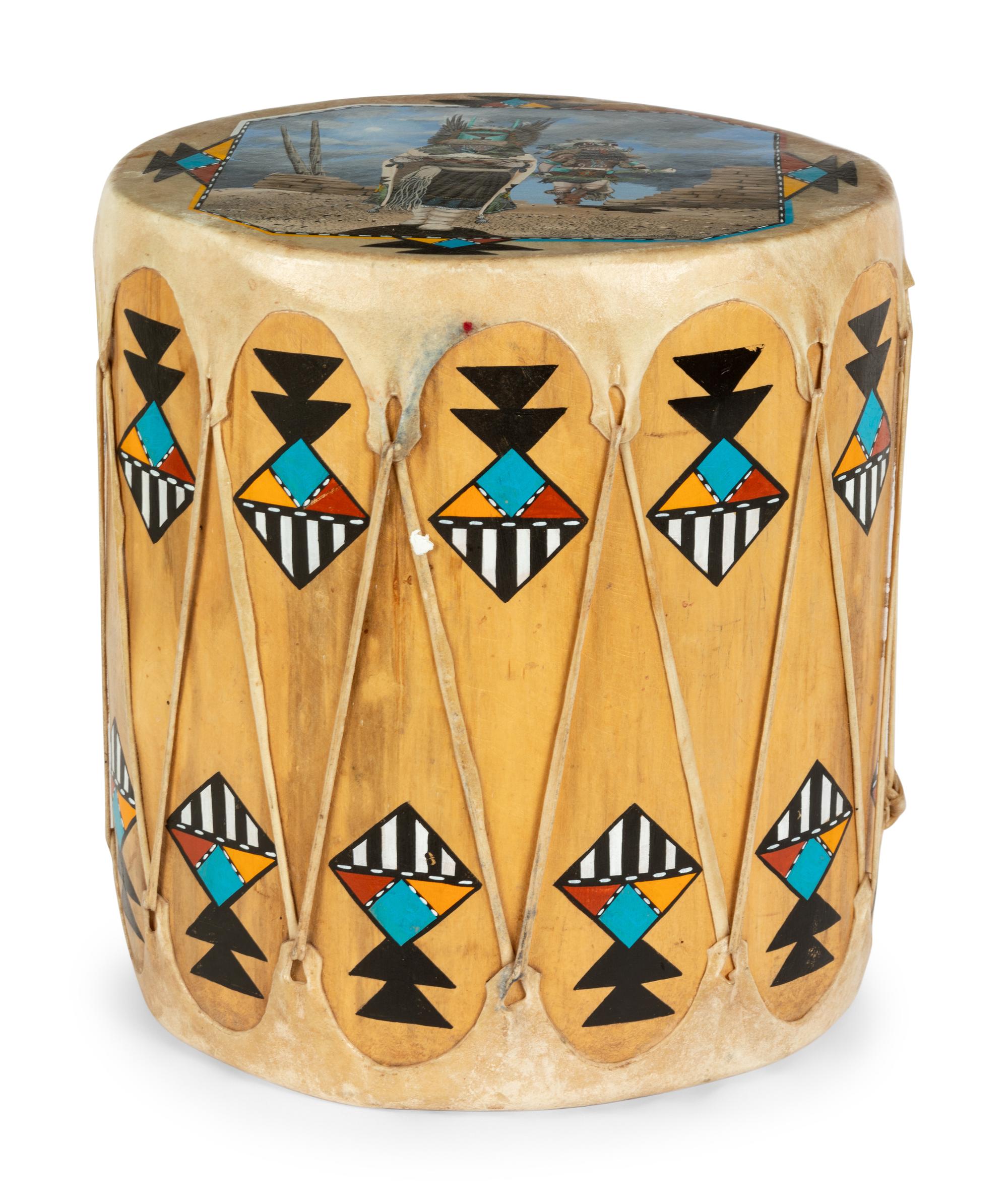 Painted Wood Drum, Crow Mother and Whipper Katsinas