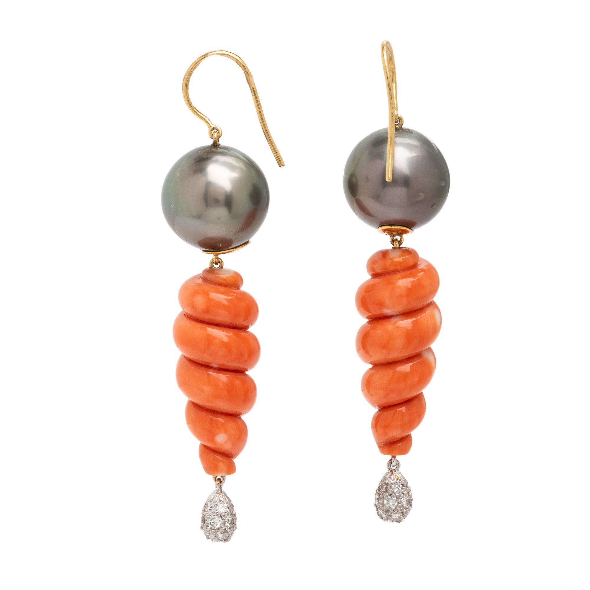 Tony Duquette, Coral, Cultured Gray Pearl, and Diamond Earrings