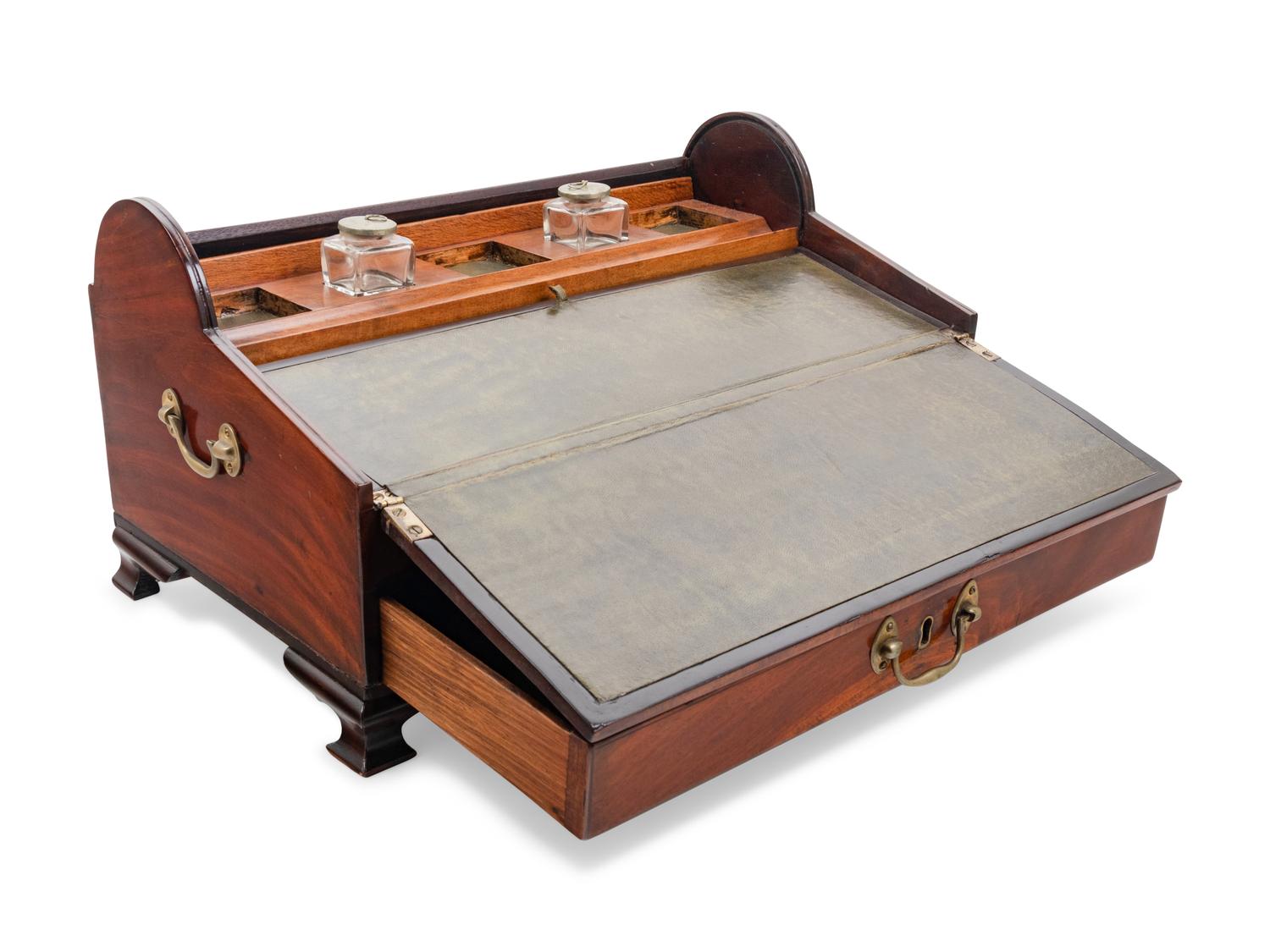 A George III Tambour Top Brass Mounted Mahogany Writing Slope and Stationary Box
