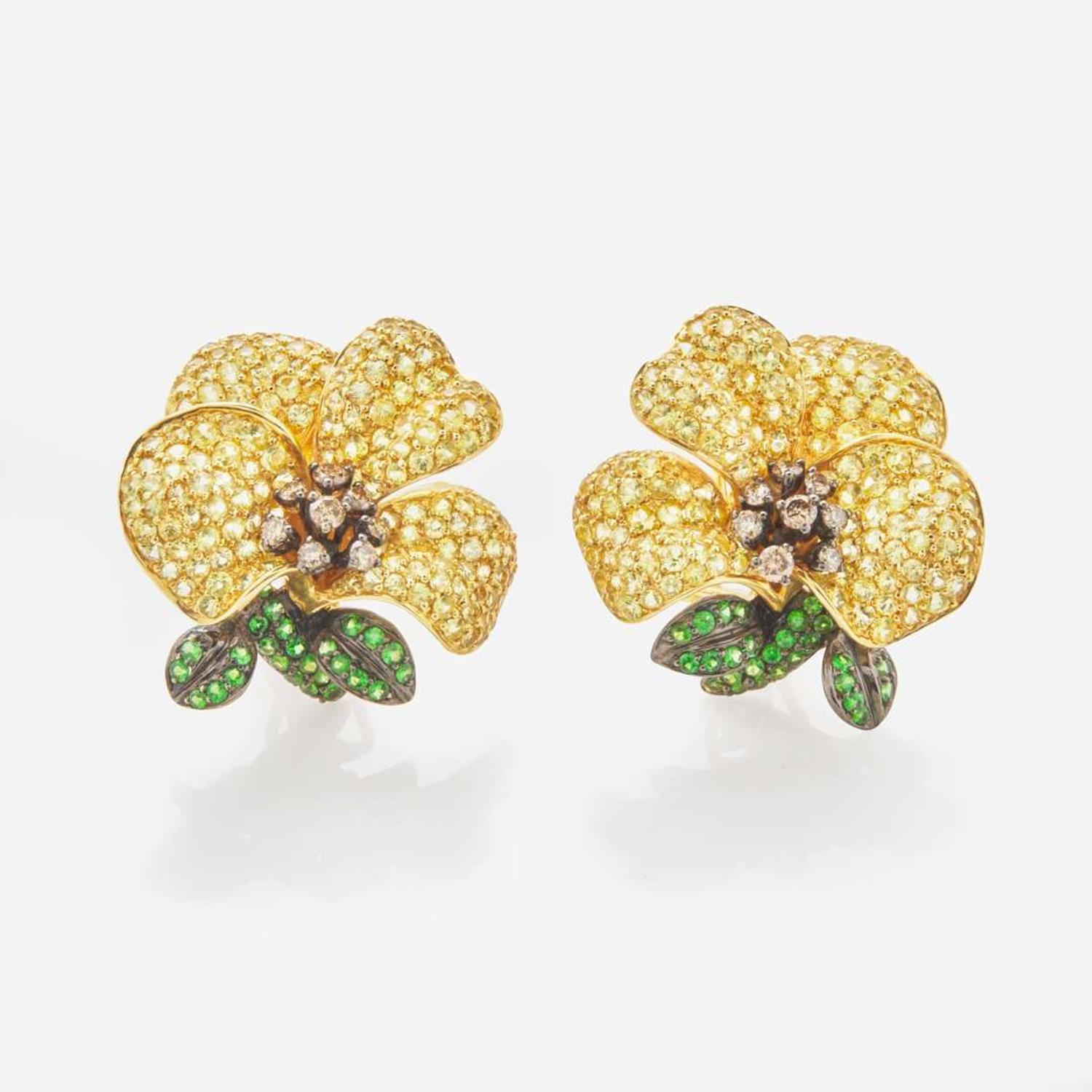 A Pair of Yellow Topaz, Diamond and Emerald Flower Earrings