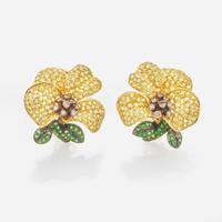 A Pair of Yellow Topaz, Diamond and Emerald Flower Earrings