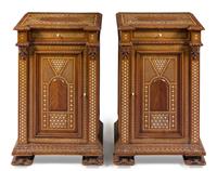 A Pair of Moroccan Bone Inlaid Side Cabinets Height 34 1/2 x width 21 x depth 16 1/4 inches. — 19TH CENTURY