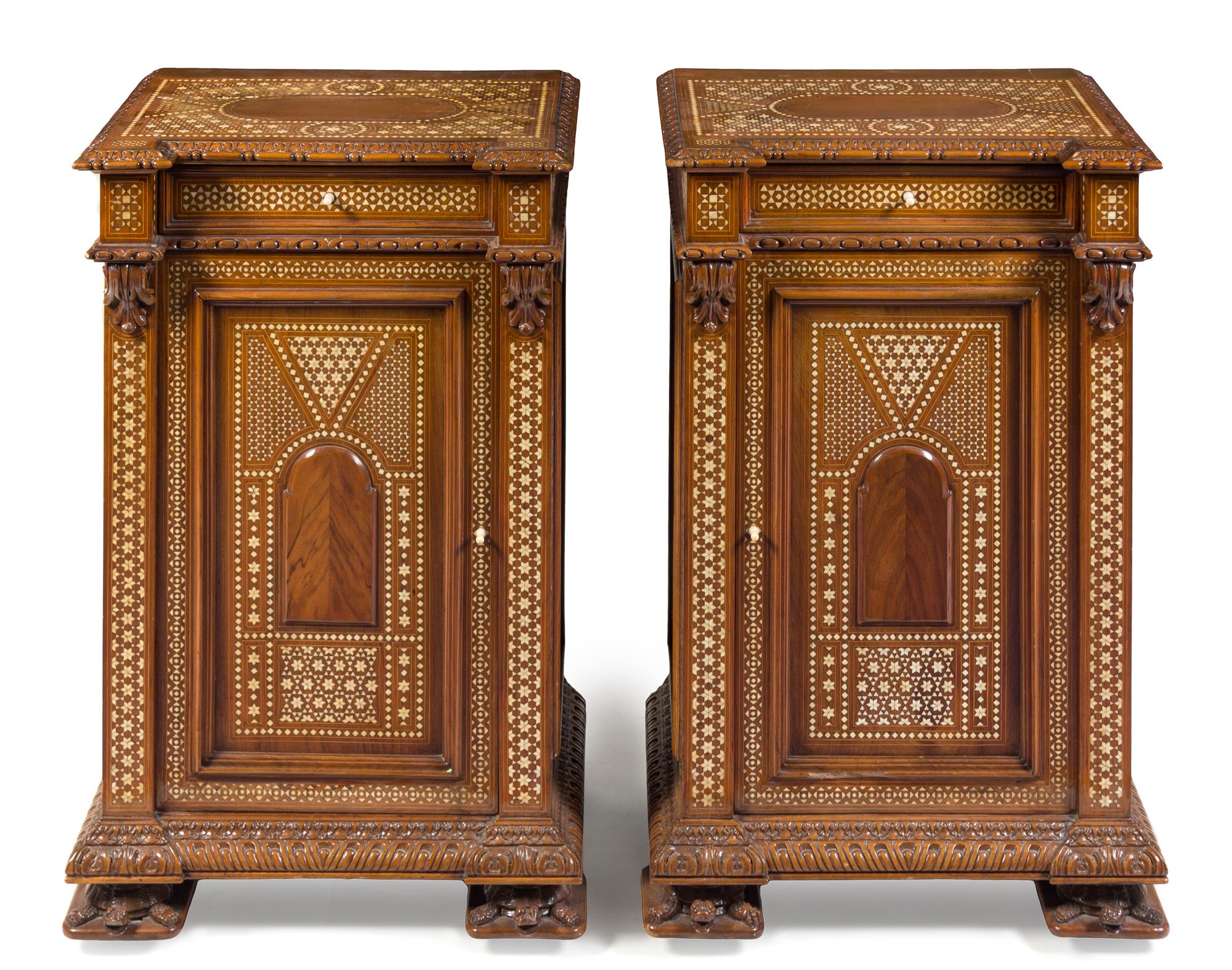 A Pair of Moroccan Bone Inlaid Side Cabinets Height 34 1/2 x width 21 x depth 16 1/4 inches. — 19TH CENTURY