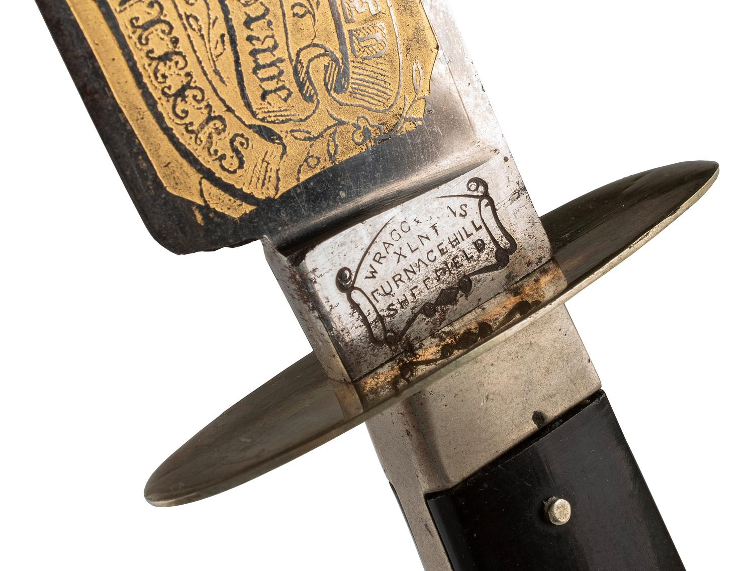 [CIVIL WAR]. Wragg & Sons gold paneled XLNT Bowie knife.