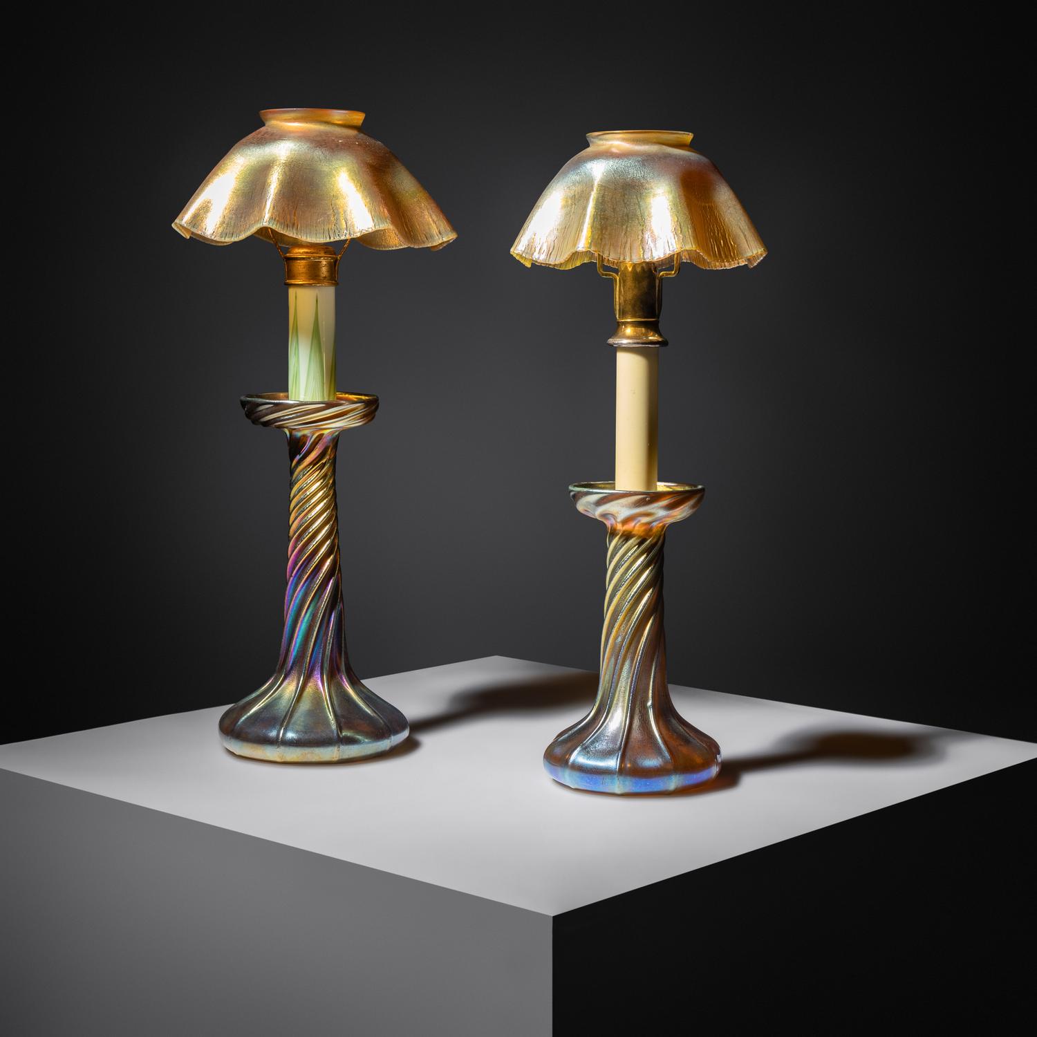 Candlestick lamps, two Tiffany Studios, USA