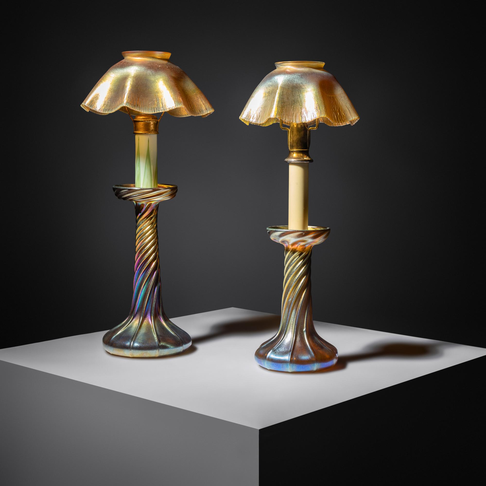 Candlestick lamps, two Tiffany Studios, USA