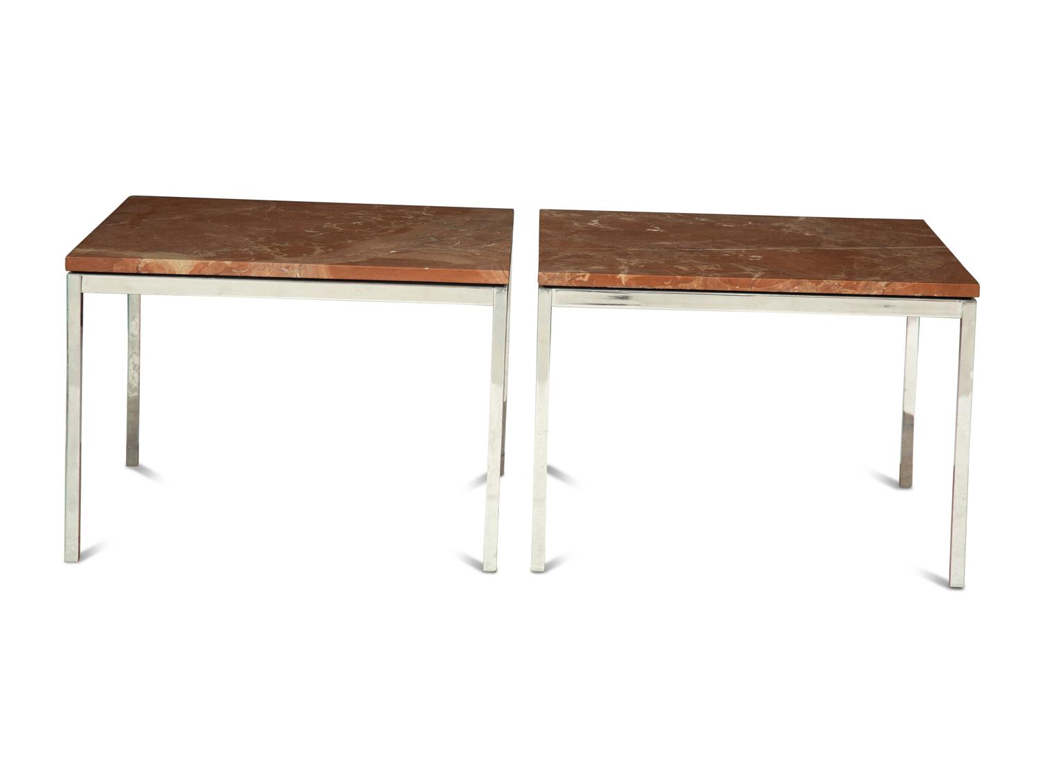 A Pair of Contemporary Chrome and Rouge Marble Side Tables
