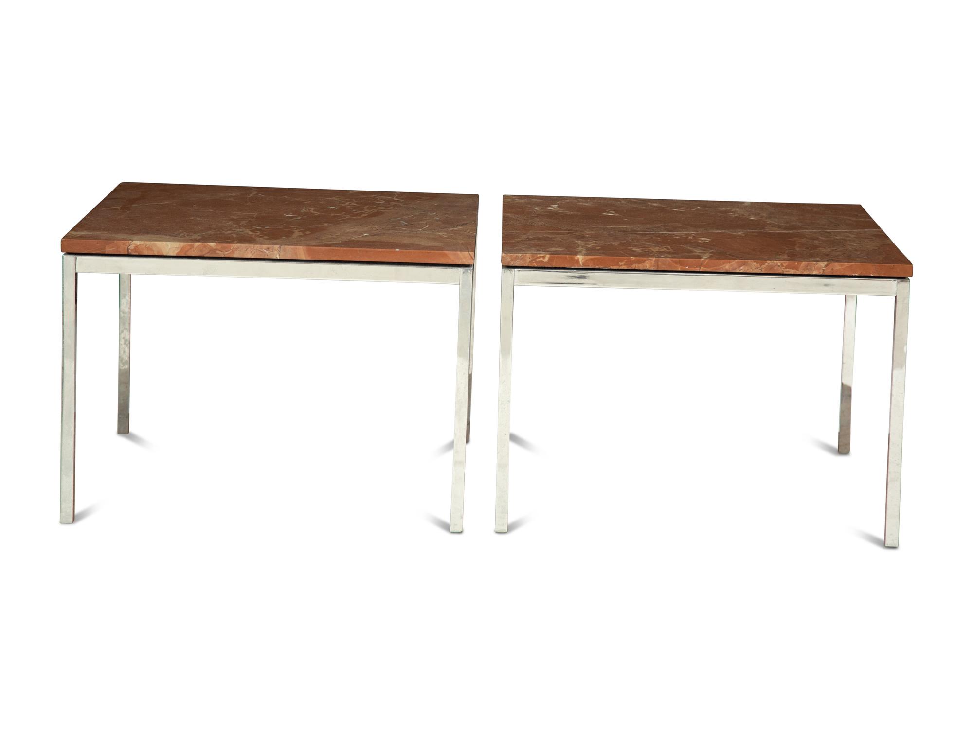 A Pair of Contemporary Chrome and Rouge Marble Side Tables