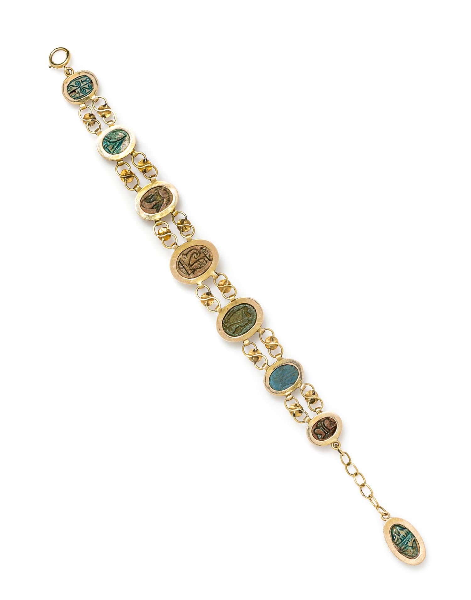 A Yellow Gold, Faience and Hardstone Scarab Bracelet, 15.20 dwts.