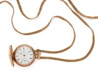 ELGIN, 14K YELLOW GOLD AND DIAMOND HUNTER CASE POCKET WATCH AND LONGCHAIN