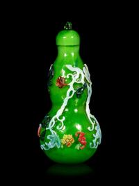 An Unusual Chinese Five Color Overlay Transparent Green Gourd-Form Vase and Cover