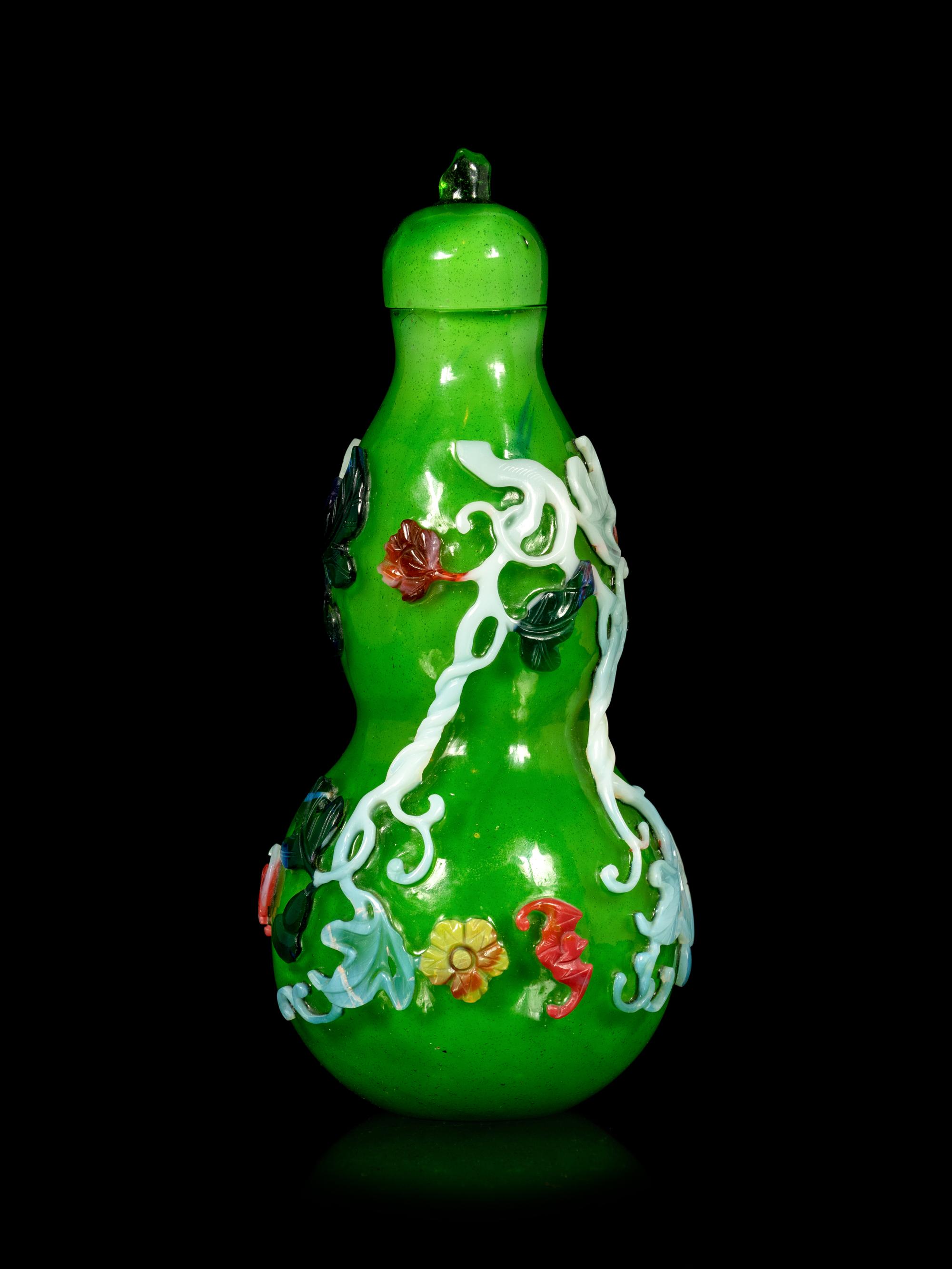 An Unusual Chinese Five Color Overlay Transparent Green Gourd-Form Vase and Cover