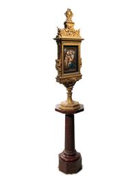 A French Gilt Bronze Double-Sided Tabernacle Encasing Two Enameled Plaques on Marble Pedestal