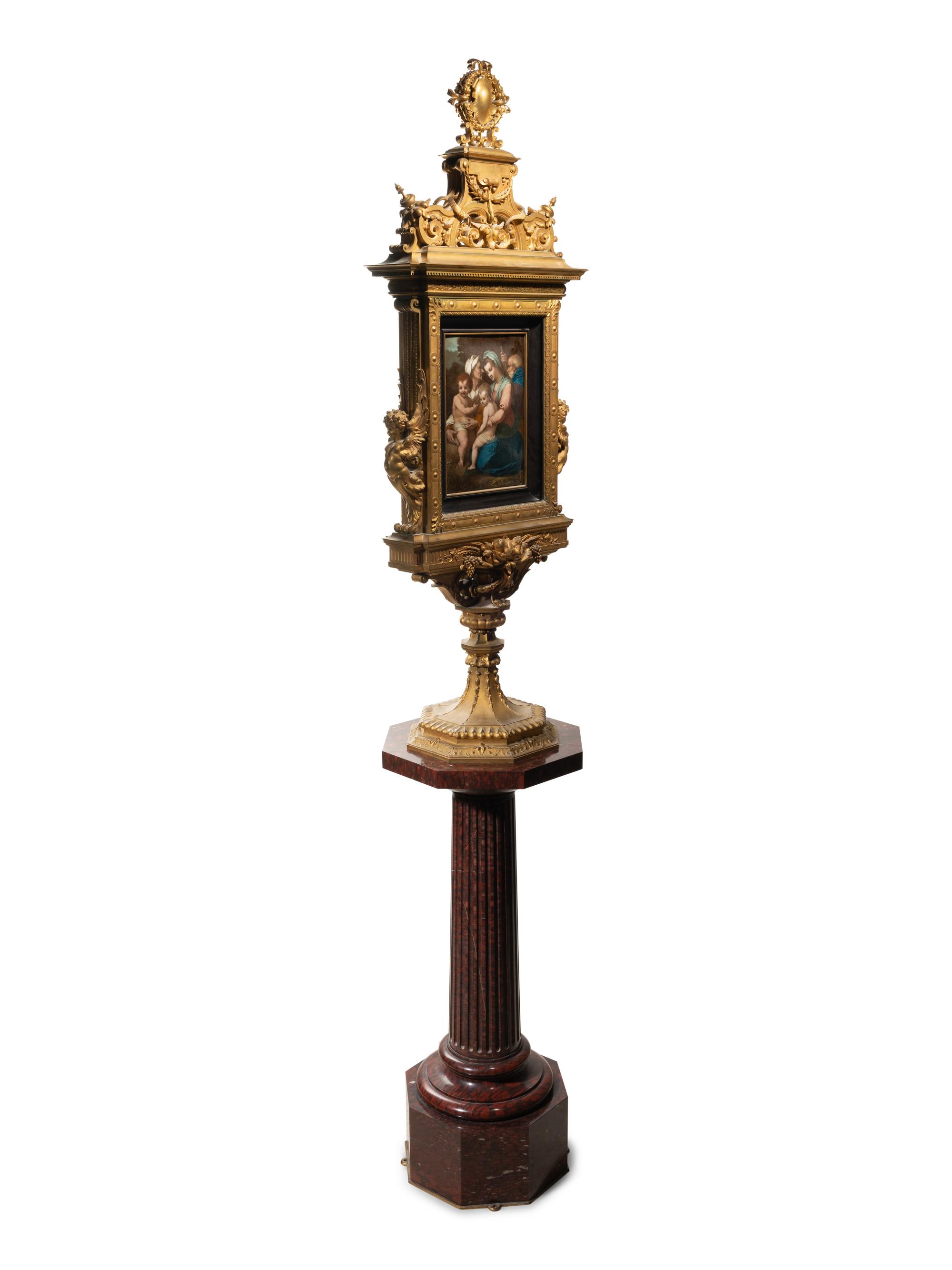 A French Gilt Bronze Double-Sided Tabernacle Encasing Two Enameled Plaques on Marble Pedestal