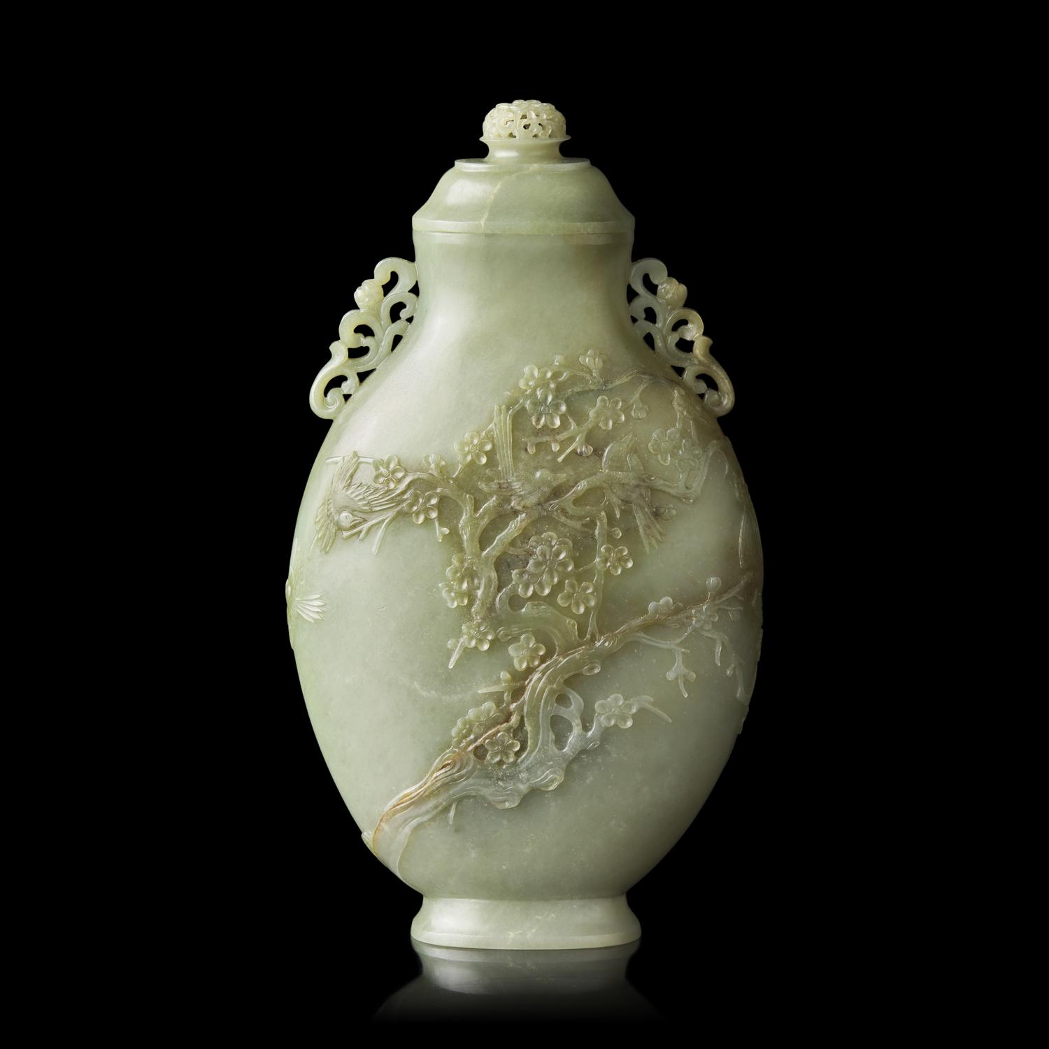 A Chinese Greyish Celadon Jade Vase and Cover 青玉浮雕梅雀爭春蓋瓶