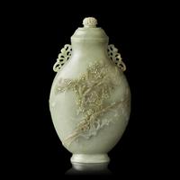 A Chinese Greyish Celadon Jade Vase and Cover 青玉浮雕梅雀爭春蓋瓶