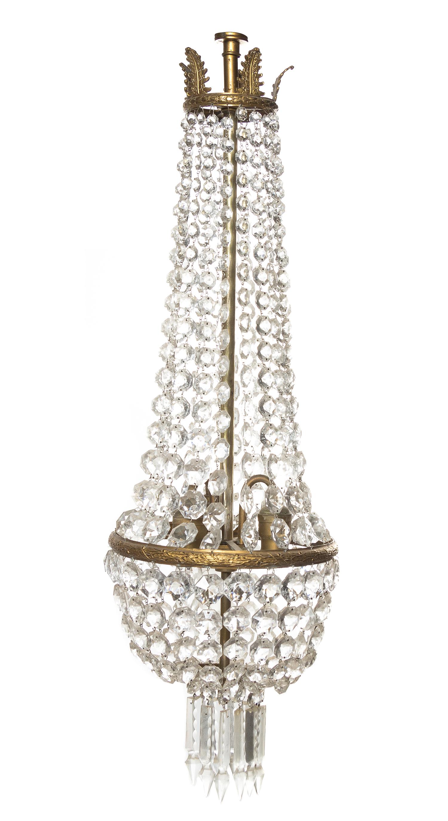 A French Gilt Metal and Glass Three-Light Chandelier, Height 33 x diameter 10 1/2 inches.