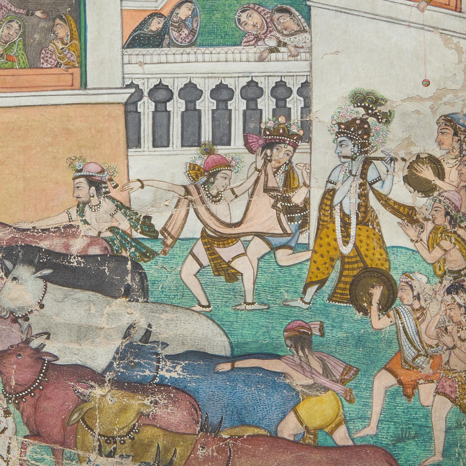 A Painting Depicting Krishna and the Hour of Cow Dust, India, Kangra Style, Late 19th/20th Century — 十九/二十世紀 康格拉派《黑天與牧牛人》圖
